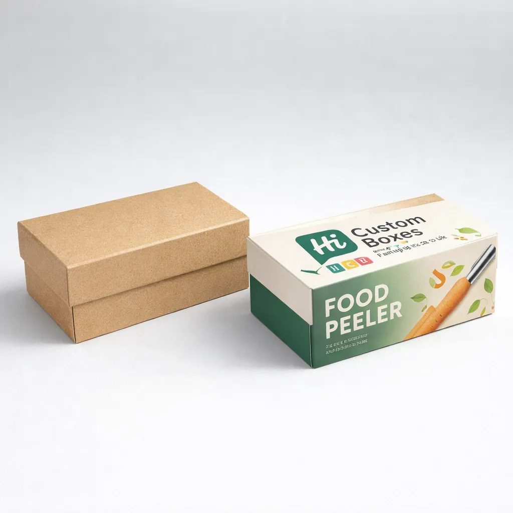 Two-piece rigid boxes including a plain kraft version and a printed version for kitchen tools. class=